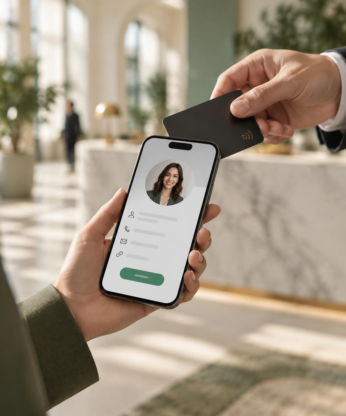 Eine NFC-Visitenkarte wird an ein Smartphone gehalten, auf dem sich eine Kontaktseite öffnet