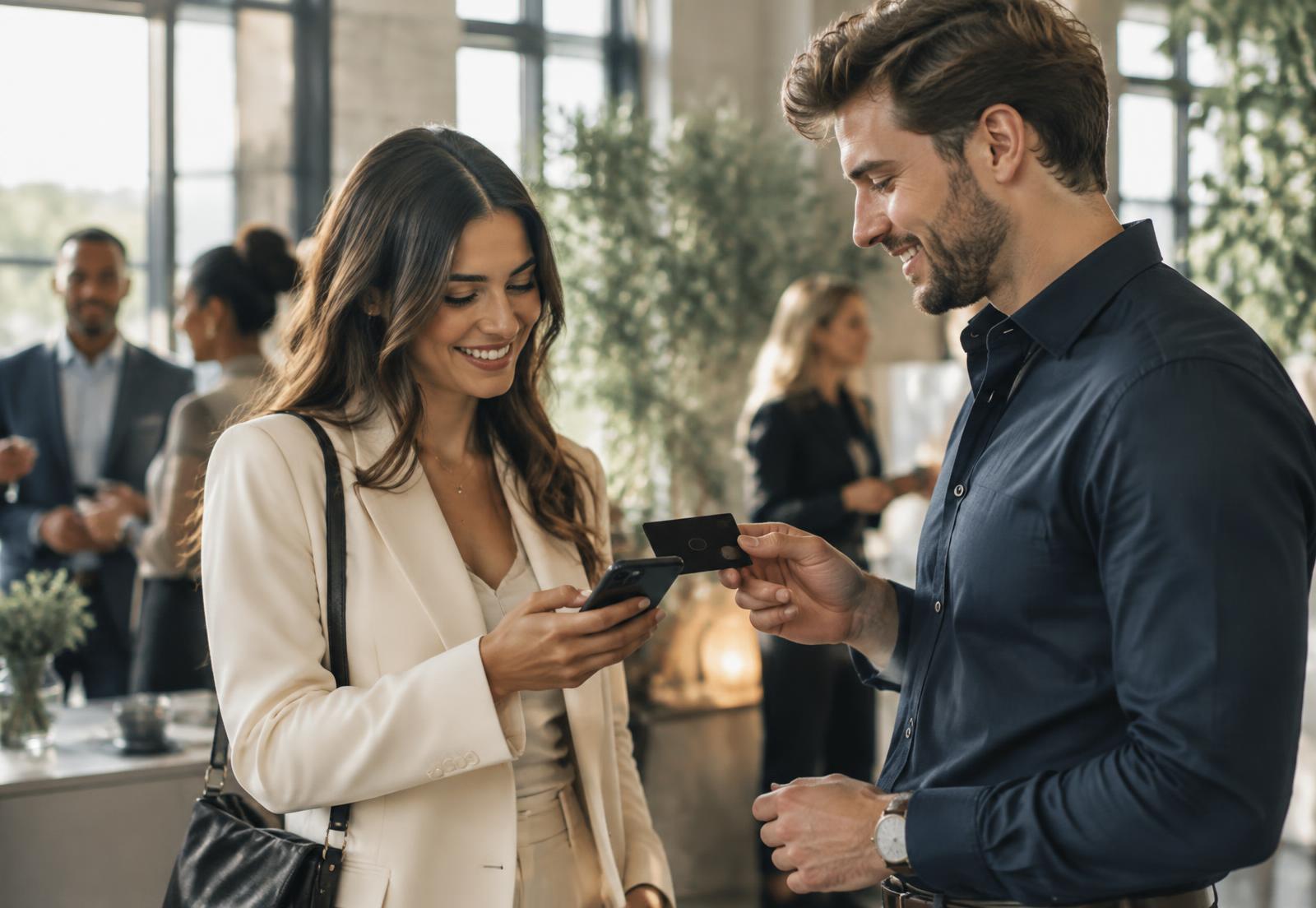 Zwei Geschäftsleute tauschen auf einem Networking-Event Kontakte per NFC-Karte und Smartphone